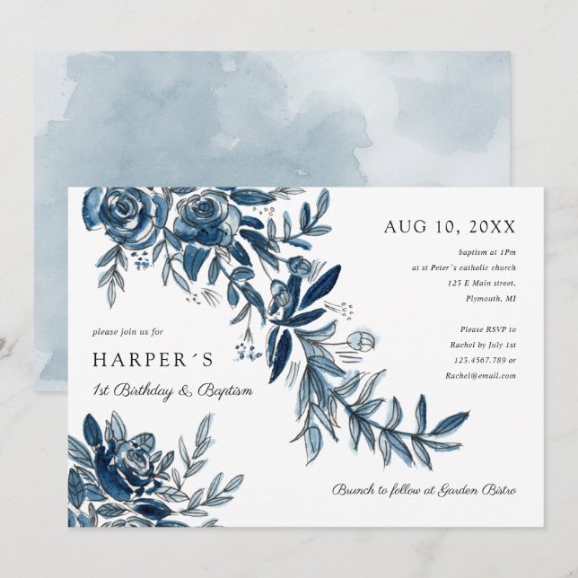 1st Birthday Baptism blue watercolor floral Invitation (Front/Back)