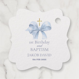 1st Birthday & Baptism Boys Blue Bow Bracket Favour Tags