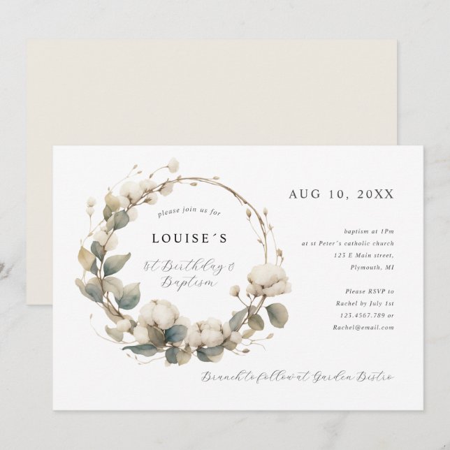 1st Birthday Baptism cotton & eucalyptus wreath Invitation (Front/Back)