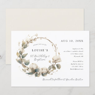 1st Birthday Baptism cotton & eucalyptus wreath Invitation