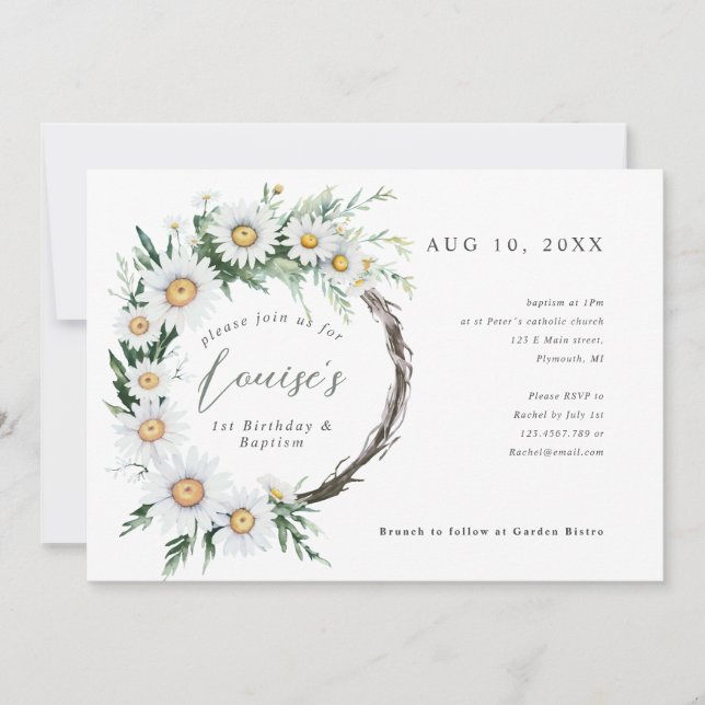 1st Birthday Baptism daisies wreath Invitation (Front)