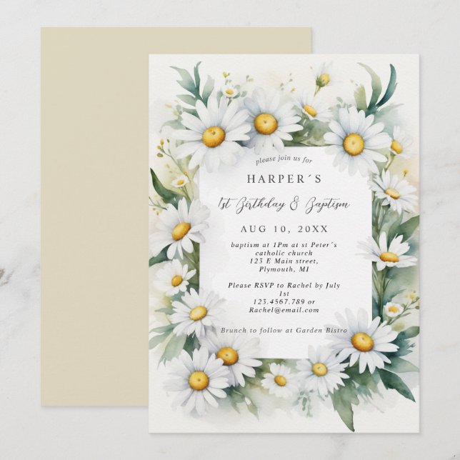 1st Birthday Baptism daisy flowers Invitation (Front/Back)