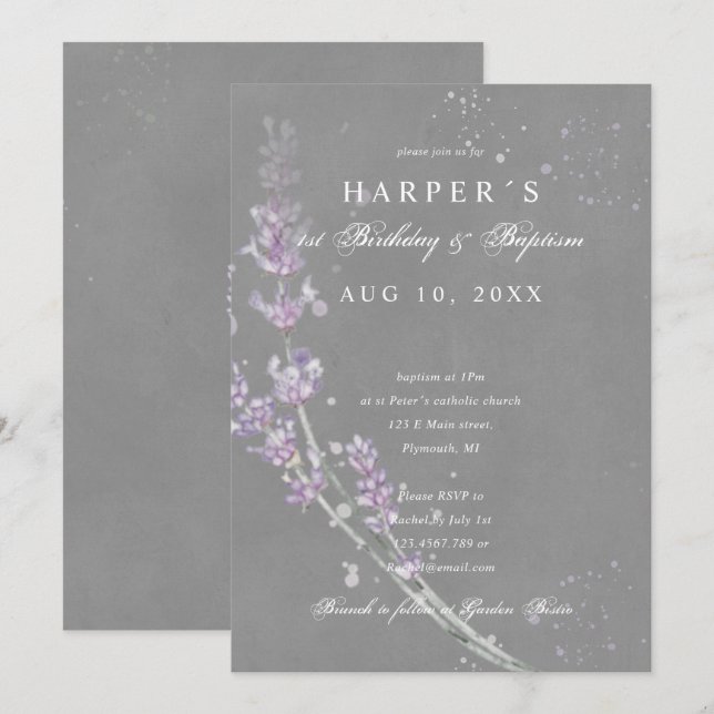 1st Birthday Baptism lavender flowers grey Invitation (Front/Back)