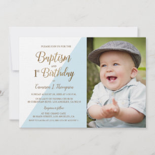 1st Birthday Baptism Photo Blue Gold Glitte Custom Invitation