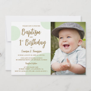 1st Birthday Baptism Photo Green Gold Custom Invitation