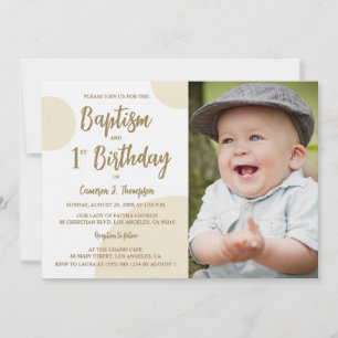 1st Birthday Baptism Photo Neutral Beige Custom Invitation