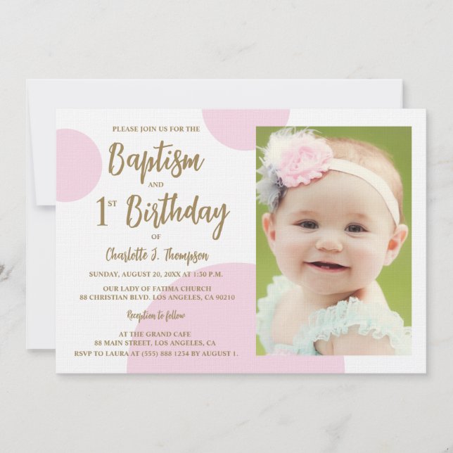 1st Birthday Baptism Photo Pink Gold Custom Invitation (Front)
