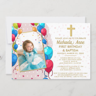 1st Birthday Baptism Pink Gold Text Photo Cross Invitation