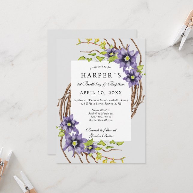 1st Birthday Baptism spring flowers and bare twigs Invitation (Front/Back In Situ)