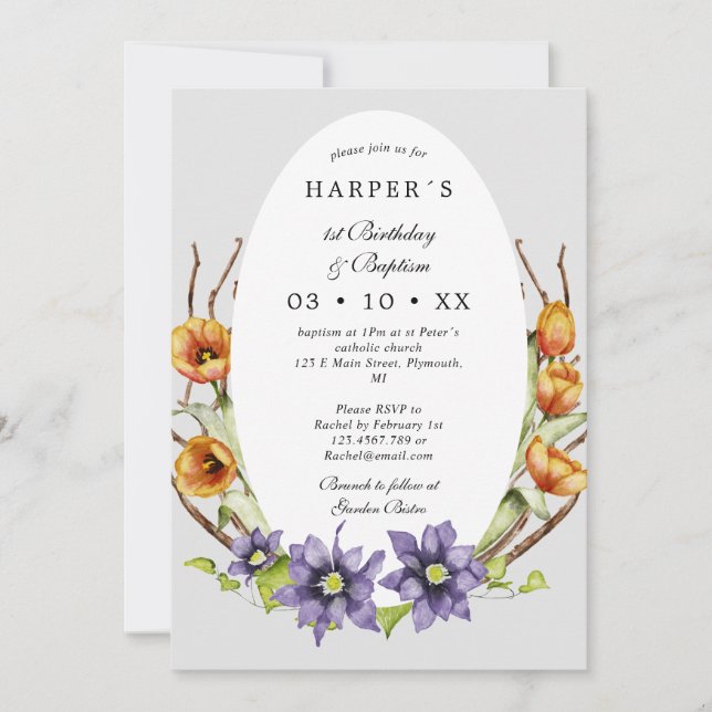 1st Birthday Baptism spring flowers egg-shaped Invitation (Front)