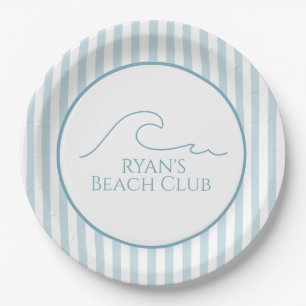 1ST Birthday Beach Club Custom Name Stripe Blue Paper Plate