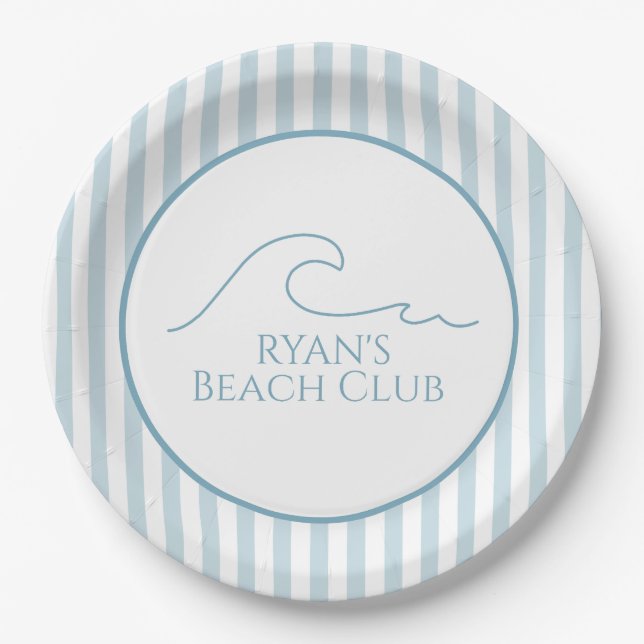 1ST Birthday Beach Club Custom Name Stripe Blue Paper Plate (Front)