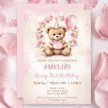 1st Birthday Bear Pink Roses Invitation<br><div class="desc">1st Birthday Invitation with a cute teddy bear girl, balloon and an arch of roses, in pink and beige. Cute design for first or any Birthday of a little girl. Easily personalise all the text. Please visit the store for the full line of products that are available :) - Kate...</div>