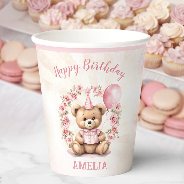 1st Birthday Bear Pink Roses Paper Cups (1st Birthday Bear Pink Roses Paper Cups)
