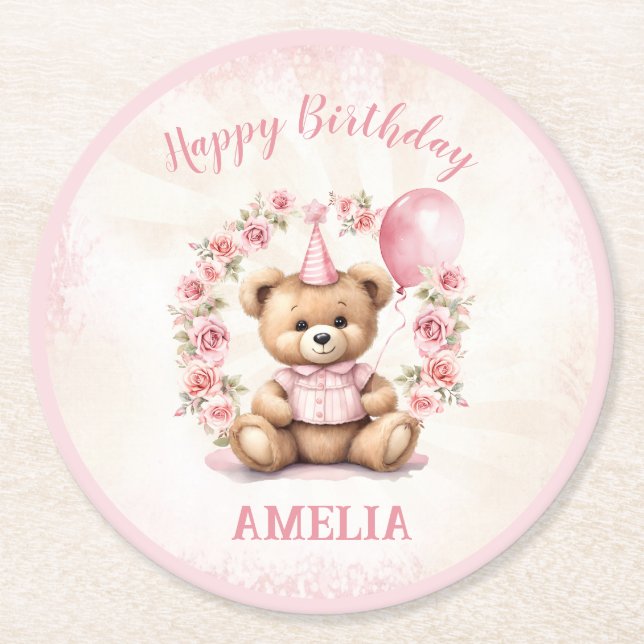 1st Birthday Bear Pink Roses Round Paper Coaster (Front)