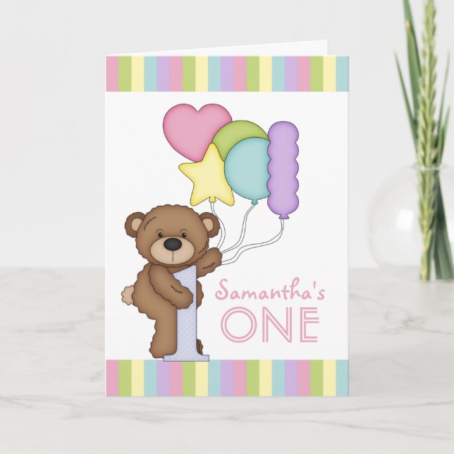 1st Birthday Bear Rainbow Stripes and Balloons Card (Front)