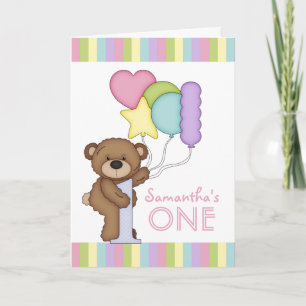 1st Birthday Bear Rainbow Stripes and Balloons Card