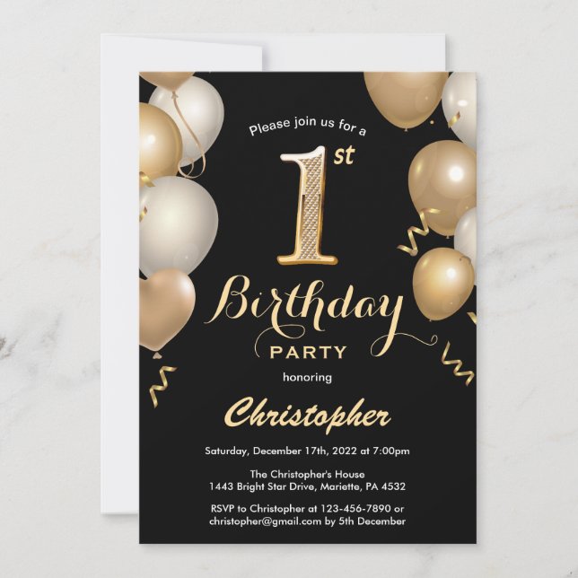 1st Birthday Black and Gold Balloons Confetti Invitation (Front)
