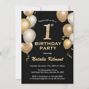 1st Birthday Black and Gold Glitter Balloons Invitation
