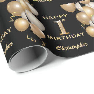 1st Birthday Black and Gold Glitter Balloons Wrapping Paper