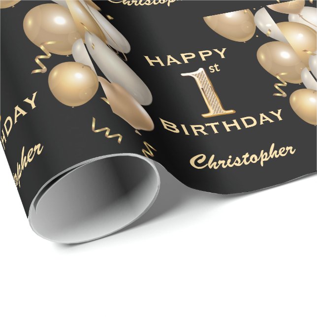 1st Birthday Black and Gold Glitter Balloons Wrapping Paper (Roll Corner)