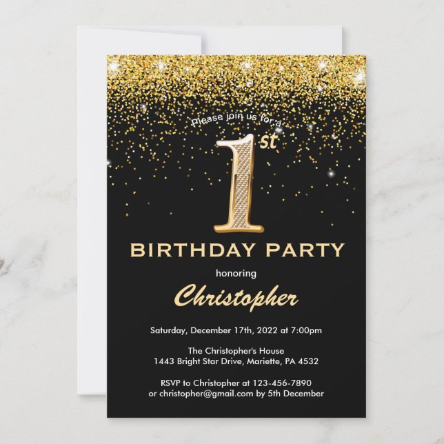 1st Birthday Black and Gold Glitter Confetti Invitation (Front)