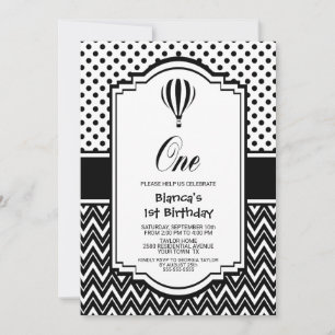 1st Birthday Black and White Hot Air Balloon Party Invitation