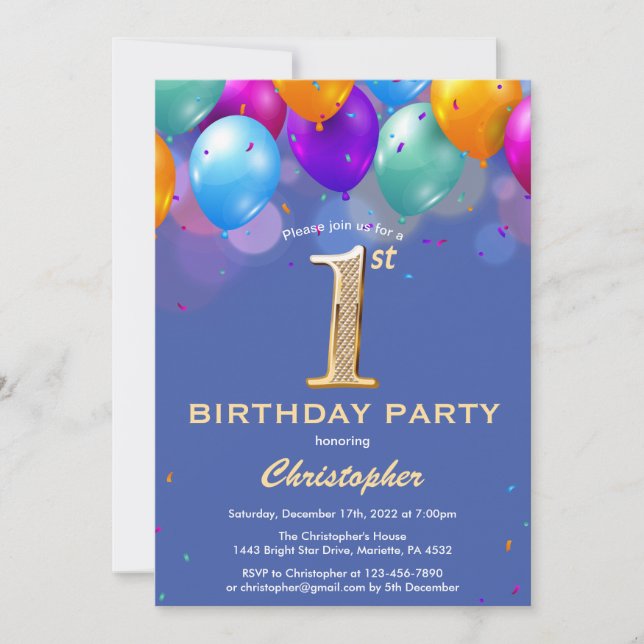 1st Birthday Blue and Gold Colourful Balloons Invitation (Front)