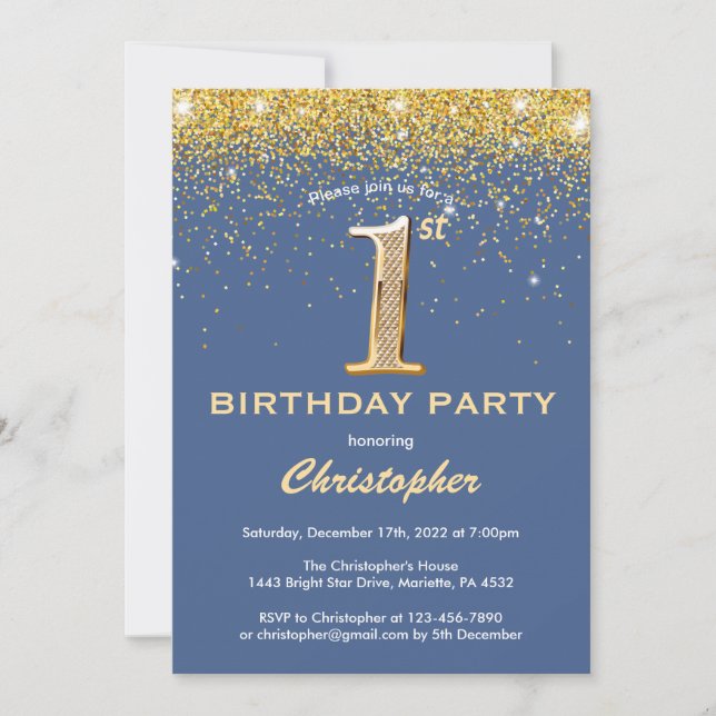 1st Birthday Blue and Gold Glitter Confetti Invitation (Front)
