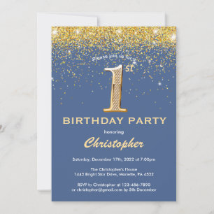 1st Birthday Blue and Gold Glitter Confetti Invitation