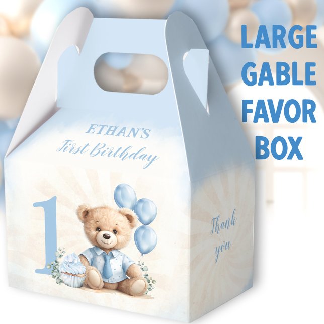 1st Birthday Blue Beige Bear Number Large Gable Favour Box (Blue Bear Large Gable Favor Boxes - You can choose from 3 sizes of these gable favor boxes)