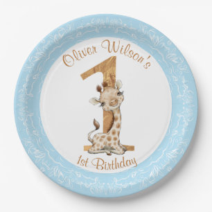 1st Birthday Blue Boy Baby Giraffe Paper Plate