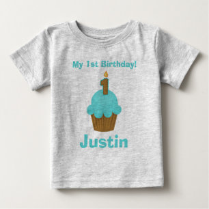 1st Birthday Blue Cupcake with Candle Baby T-Shirt