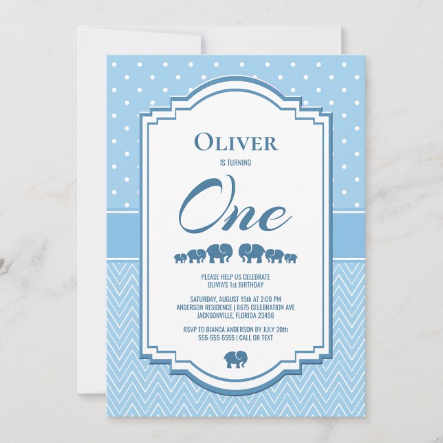 1st Birthday Blue Elephants Invitation (Front)