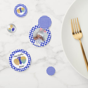 1st Birthday Blue Gingham Balloons & Photo Confetti