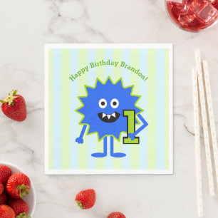 1st Birthday Blue Green Monster Boy Cute Fun Bold Napkin