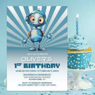 1st Birthday Blue Robot Theme Party Invitation
