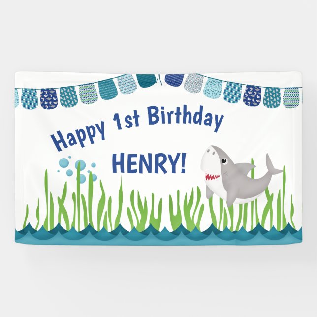 1st Birthday Blue Teal Shark Ocean Kid Banner (Horizontal)