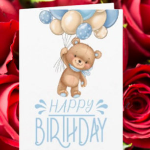 1st birthday blue teddy balloon boy card