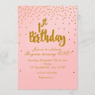 1st Birthday Blush Pink & Gold Confetti Invitation