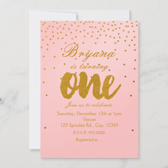 1st Birthday Blush Pink & Gold Confetti Invitation (Front)