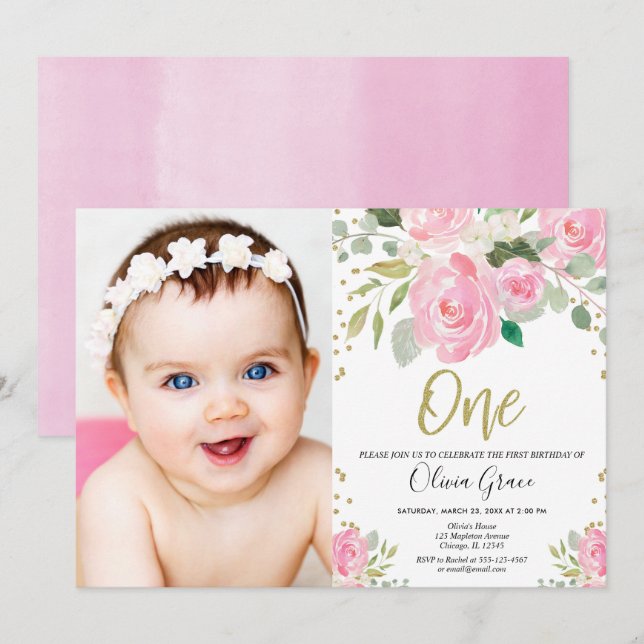1st birthday blush pink gold floral photo birthday invitation (Front/Back)