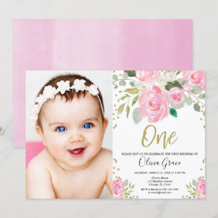 1st birthday blush pink gold floral photo birthday invitation