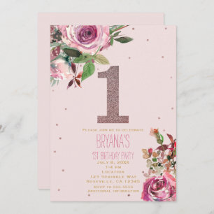 1st Birthday Blush Pink Rose Gold Floral Modern Invitation