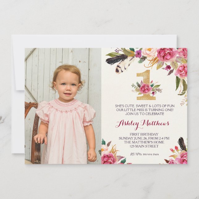 1ST birthday boho feather FIRST Floral Invitation (Front)