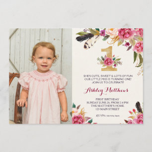 1ST birthday boho feather FIRST Floral Invitation