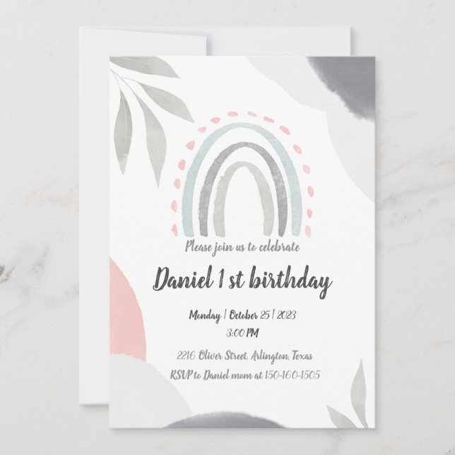 1st birthday boho watercolor baby shawer  invitation (Front)