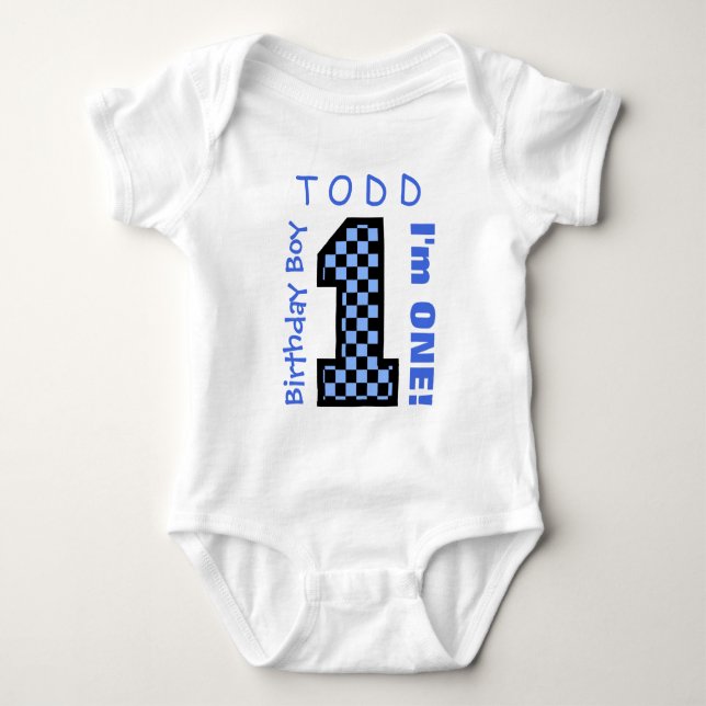 1st Birthday Boy BLUE CHECKS Year Custom Name C04 Baby Bodysuit (Front)