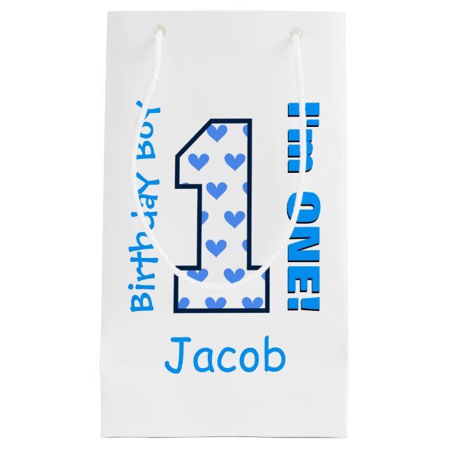 1st Birthday Boy Blue Hearts One Year Old B01Z Small Gift Bag (Front)