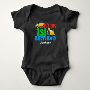 1st Birthday Boy Construction Truck Party Baby Bodysuit